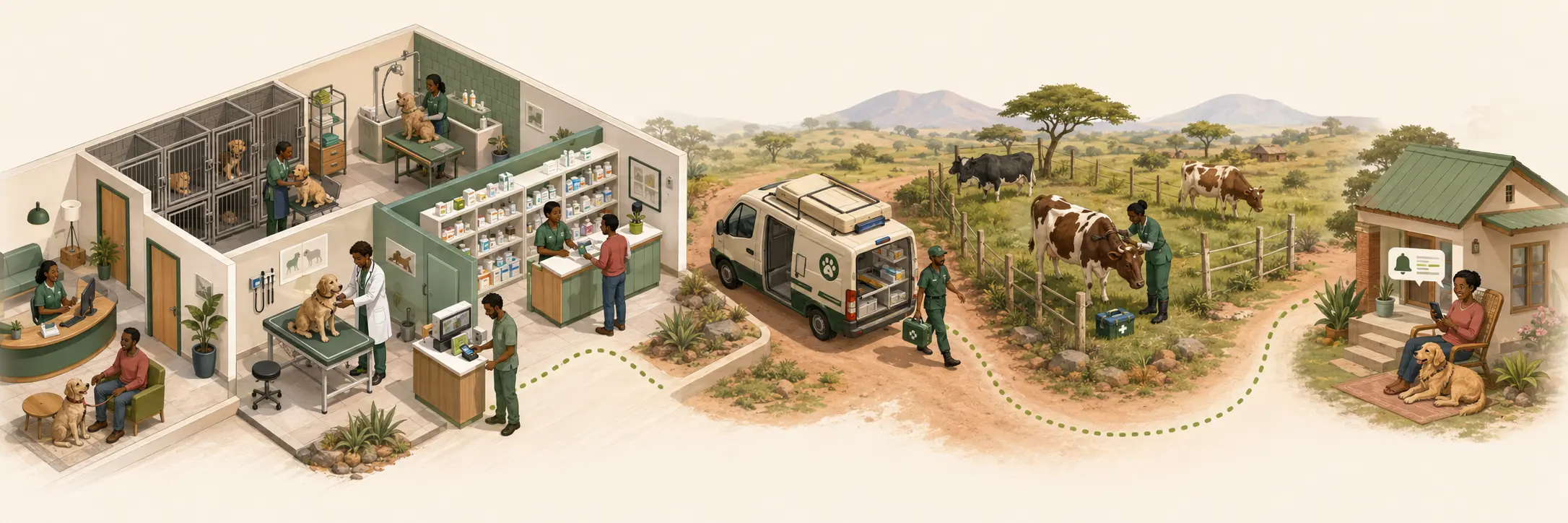 PawSuite illustration connecting veterinary clinic and field-work environments.